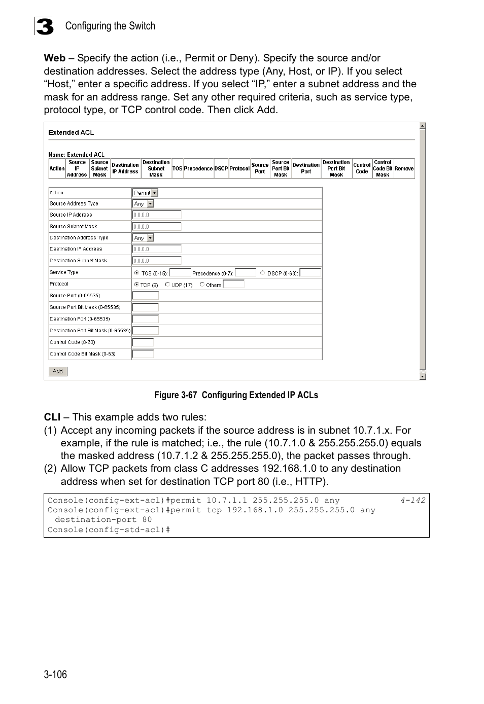 Figure 3-67, Configuring extended ip acls | SMC Networks SMC Tiger 10/100 SMC6128PL2 User Manual | Page 158 / 664