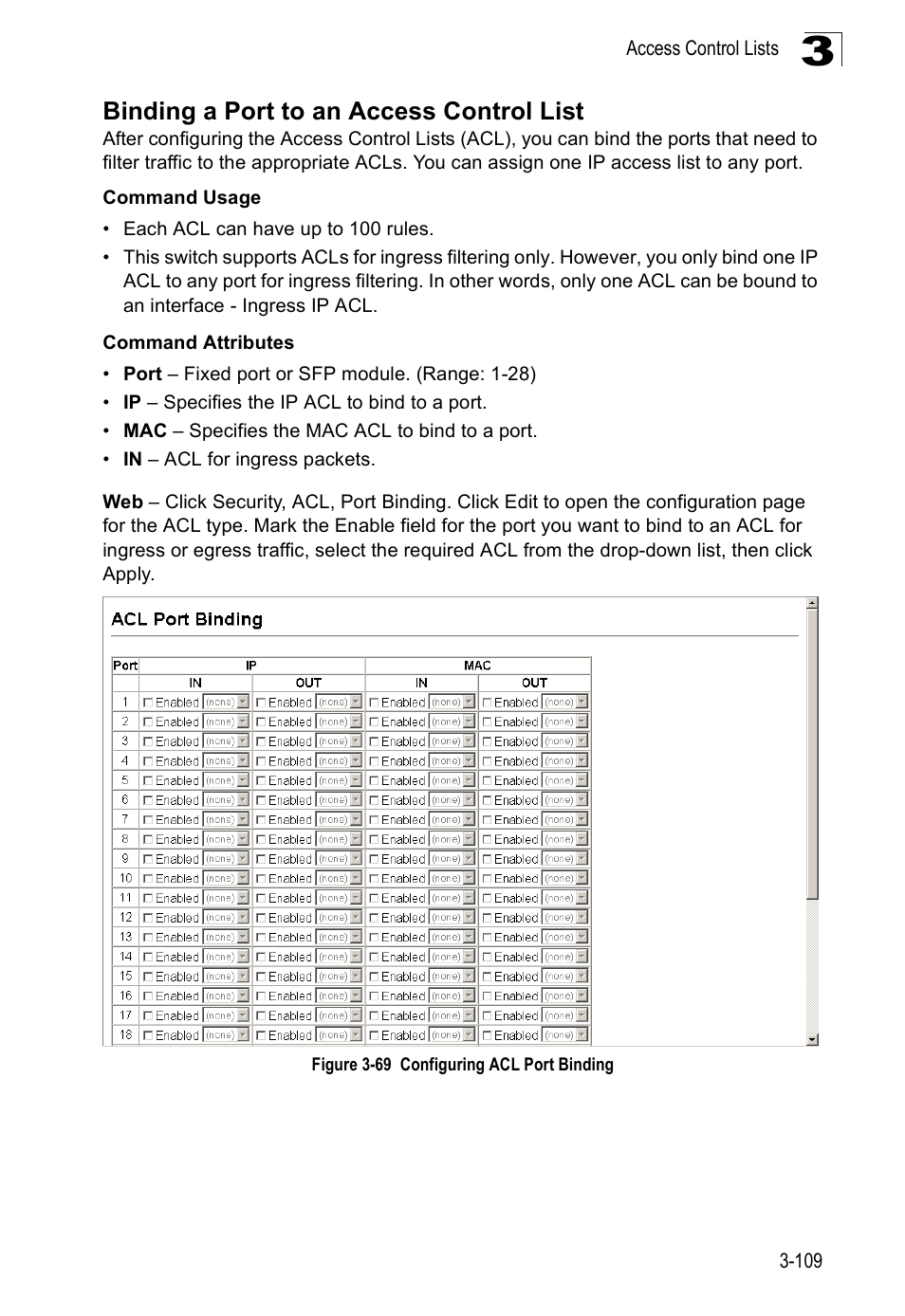 Binding a port to an access control list, Figure 3-69, Configuring acl port binding | SMC Networks SMC Tiger 10/100 SMC6128PL2 User Manual | Page 161 / 664