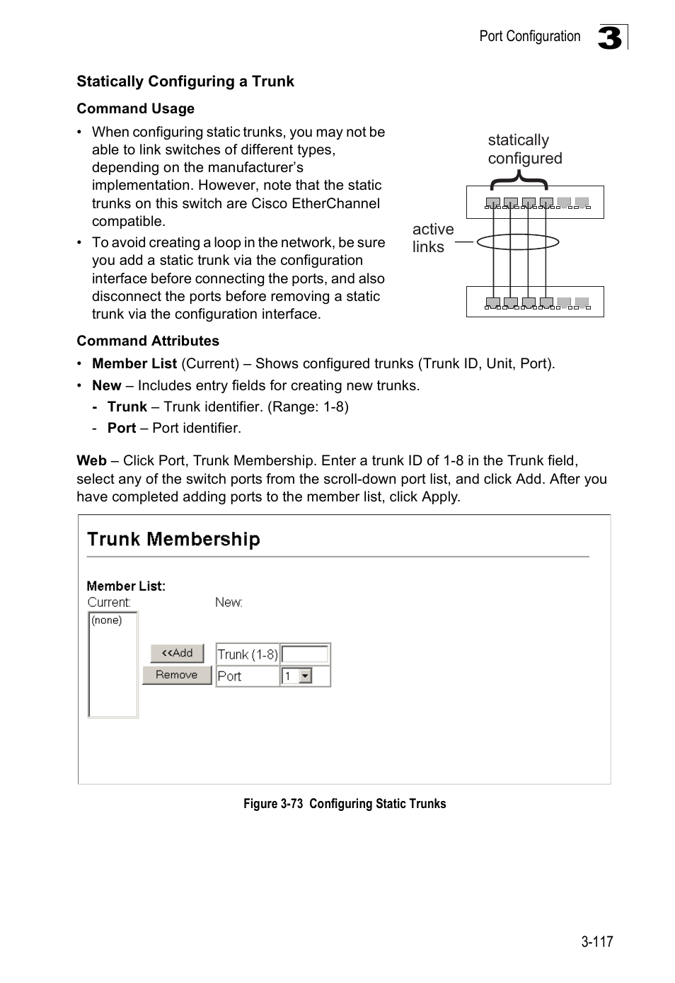 Statically configuring a trunk, Figure 3-73, Configuring static trunks | SMC Networks SMC Tiger 10/100 SMC6128PL2 User Manual | Page 169 / 664