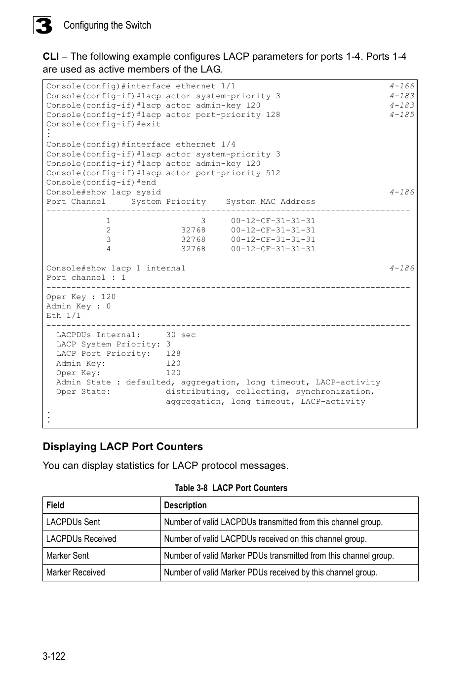 Displaying lacp port counters, Table 3-8, Lacp port counters | SMC Networks SMC Tiger 10/100 SMC6128PL2 User Manual | Page 174 / 664