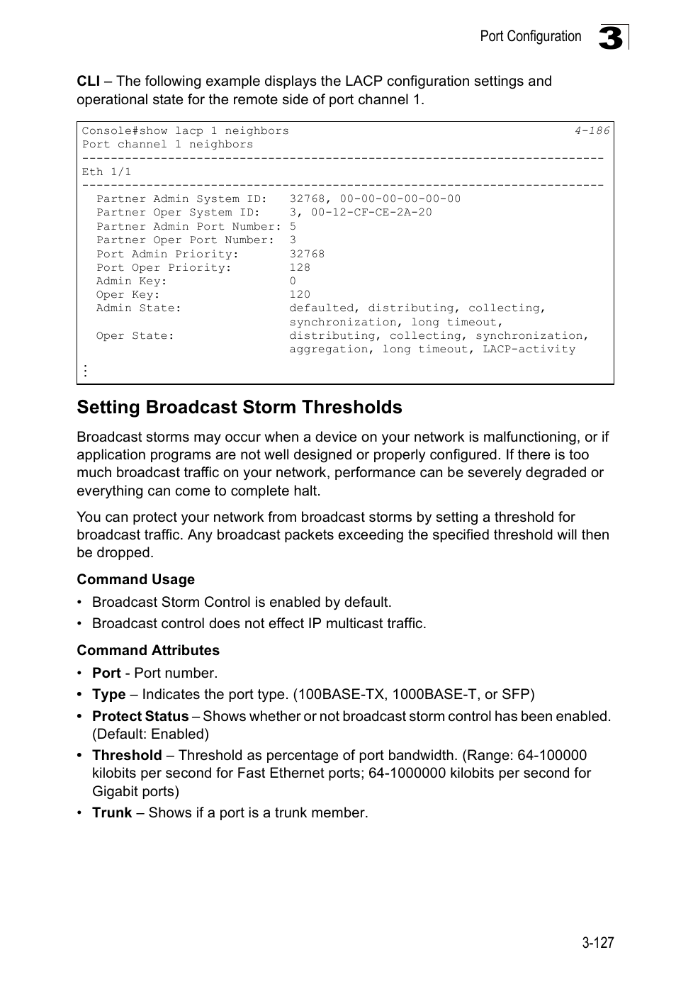 Setting broadcast storm thresholds | SMC Networks SMC Tiger 10/100 SMC6128PL2 User Manual | Page 179 / 664