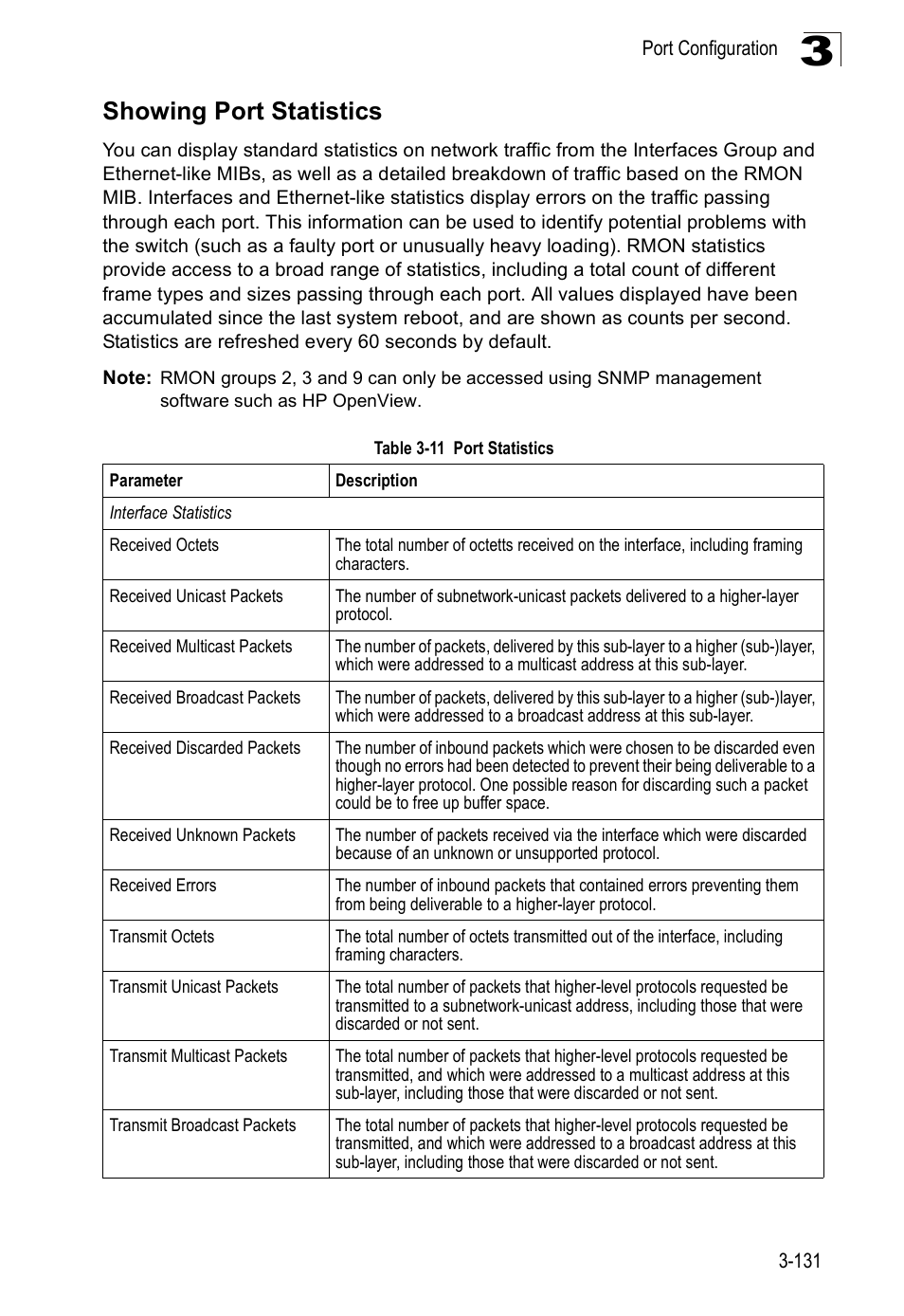 Showing port statistics, Table 3-11, Port statistics | SMC Networks SMC Tiger 10/100 SMC6128PL2 User Manual | Page 183 / 664