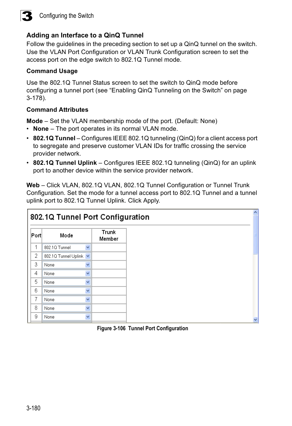 Adding an interface to a qinq tunnel, Figure 3-106 tunnel port configuration, Ee “adding an | SMC Networks SMC Tiger 10/100 SMC6128PL2 User Manual | Page 232 / 664