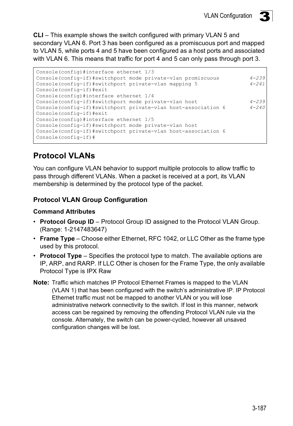 Protocol vlans, Protocol vlan group configuration | SMC Networks SMC Tiger 10/100 SMC6128PL2 User Manual | Page 239 / 664