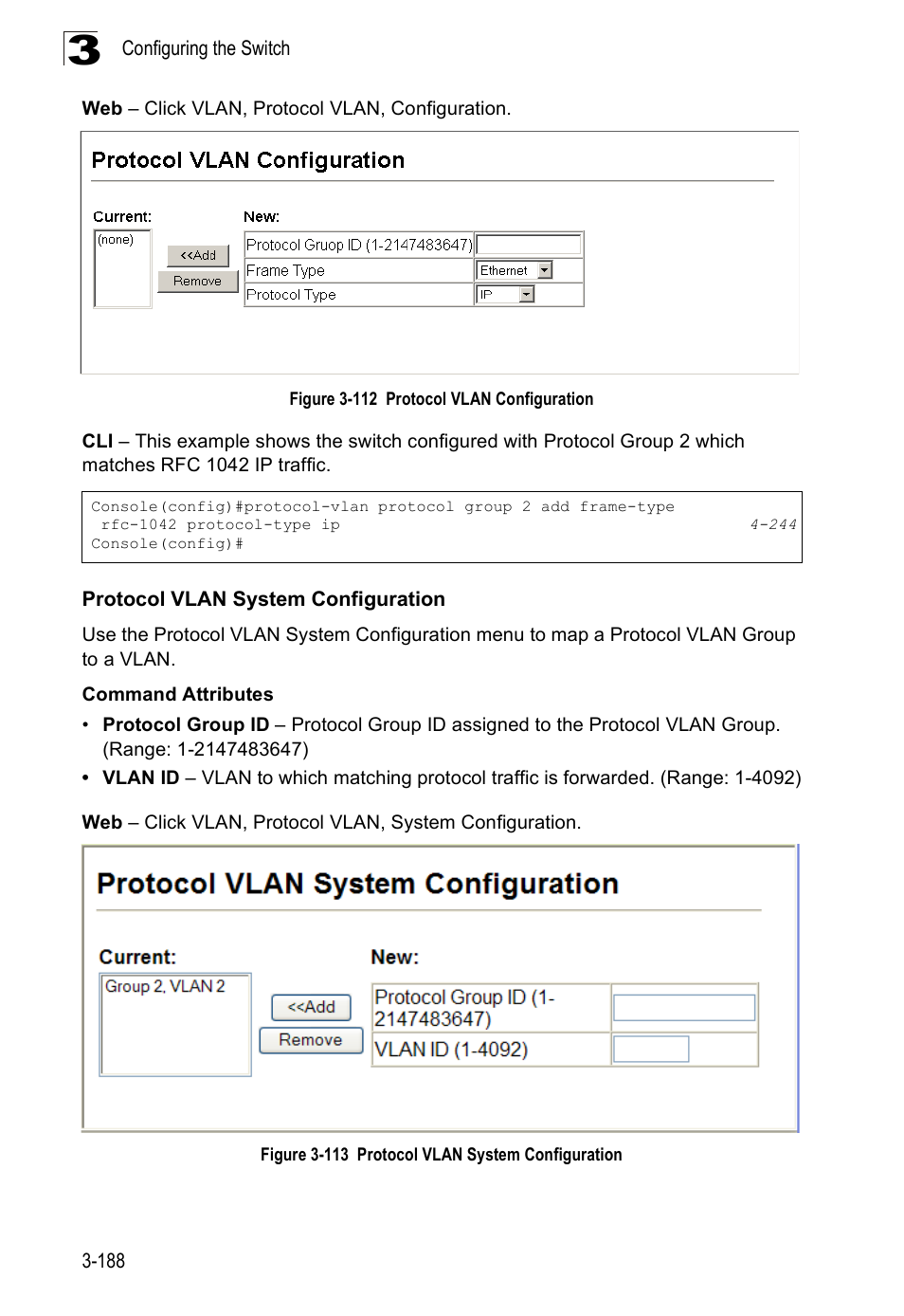 Protocol vlan system configuration, Figure 3-112 protocol vlan configuration, Figure 3-113 protocol vlan system configuration | SMC Networks SMC Tiger 10/100 SMC6128PL2 User Manual | Page 240 / 664