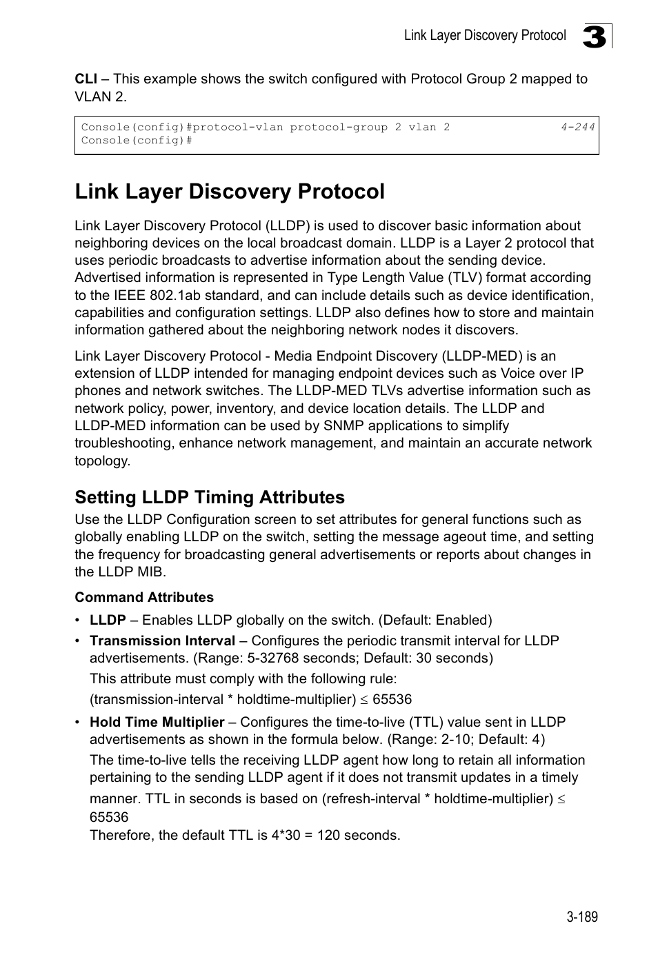 Link layer discovery protocol, Setting lldp timing attributes | SMC Networks SMC Tiger 10/100 SMC6128PL2 User Manual | Page 241 / 664