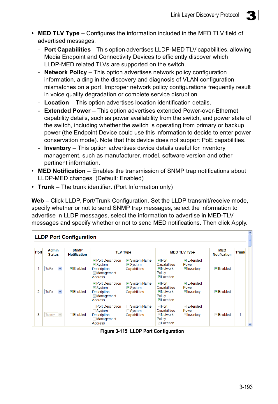 Figure 3-115 lldp port configuration | SMC Networks SMC Tiger 10/100 SMC6128PL2 User Manual | Page 245 / 664