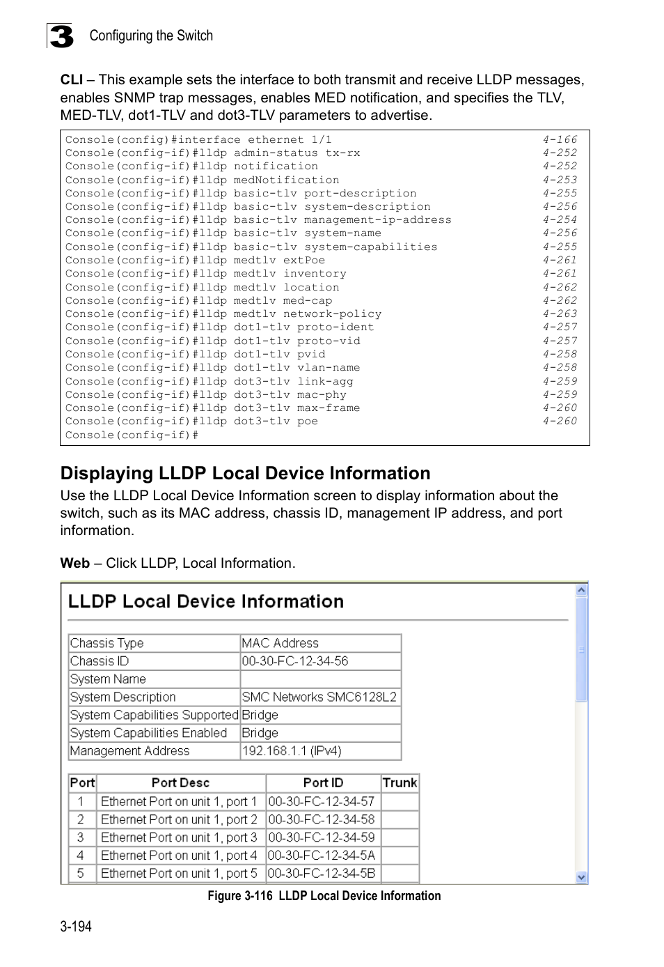 Displaying lldp local device information, Figure 3-116 lldp local device information, Configuring the switch 3-194 | SMC Networks SMC Tiger 10/100 SMC6128PL2 User Manual | Page 246 / 664