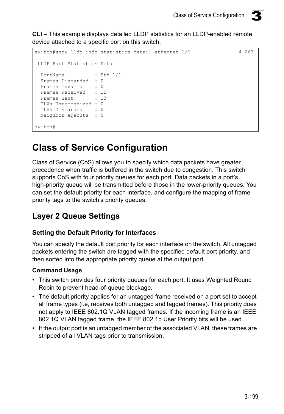 Class of service configuration, Layer 2 queue settings, Setting the default priority for interfaces | SMC Networks SMC Tiger 10/100 SMC6128PL2 User Manual | Page 251 / 664