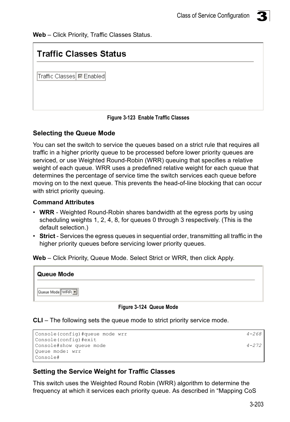 Selecting the queue mode, Setting the service weight for traffic classes, Figure 3-123 enable traffic classes | Figure 3-124 queue mode | SMC Networks SMC Tiger 10/100 SMC6128PL2 User Manual | Page 255 / 664