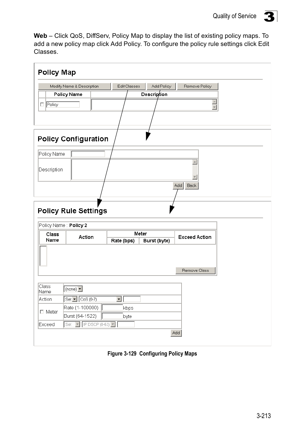 Figure 3-129 configuring policy maps | SMC Networks SMC Tiger 10/100 SMC6128PL2 User Manual | Page 265 / 664