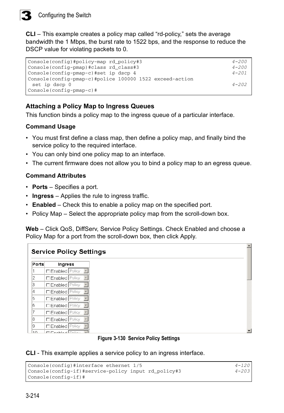 Attaching a policy map to ingress queues, Figure 3-130 service policy settings | SMC Networks SMC Tiger 10/100 SMC6128PL2 User Manual | Page 266 / 664