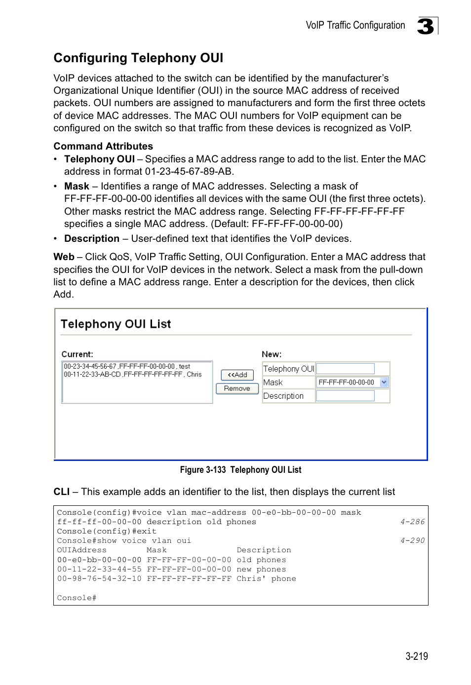 Configuring telephony oui, Figure 3-133 telephony oui list | SMC Networks SMC Tiger 10/100 SMC6128PL2 User Manual | Page 271 / 664