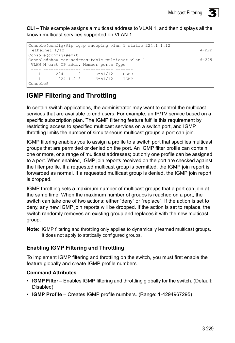 Igmp filtering and throttling, Enabling igmp filtering and throttling | SMC Networks SMC Tiger 10/100 SMC6128PL2 User Manual | Page 281 / 664