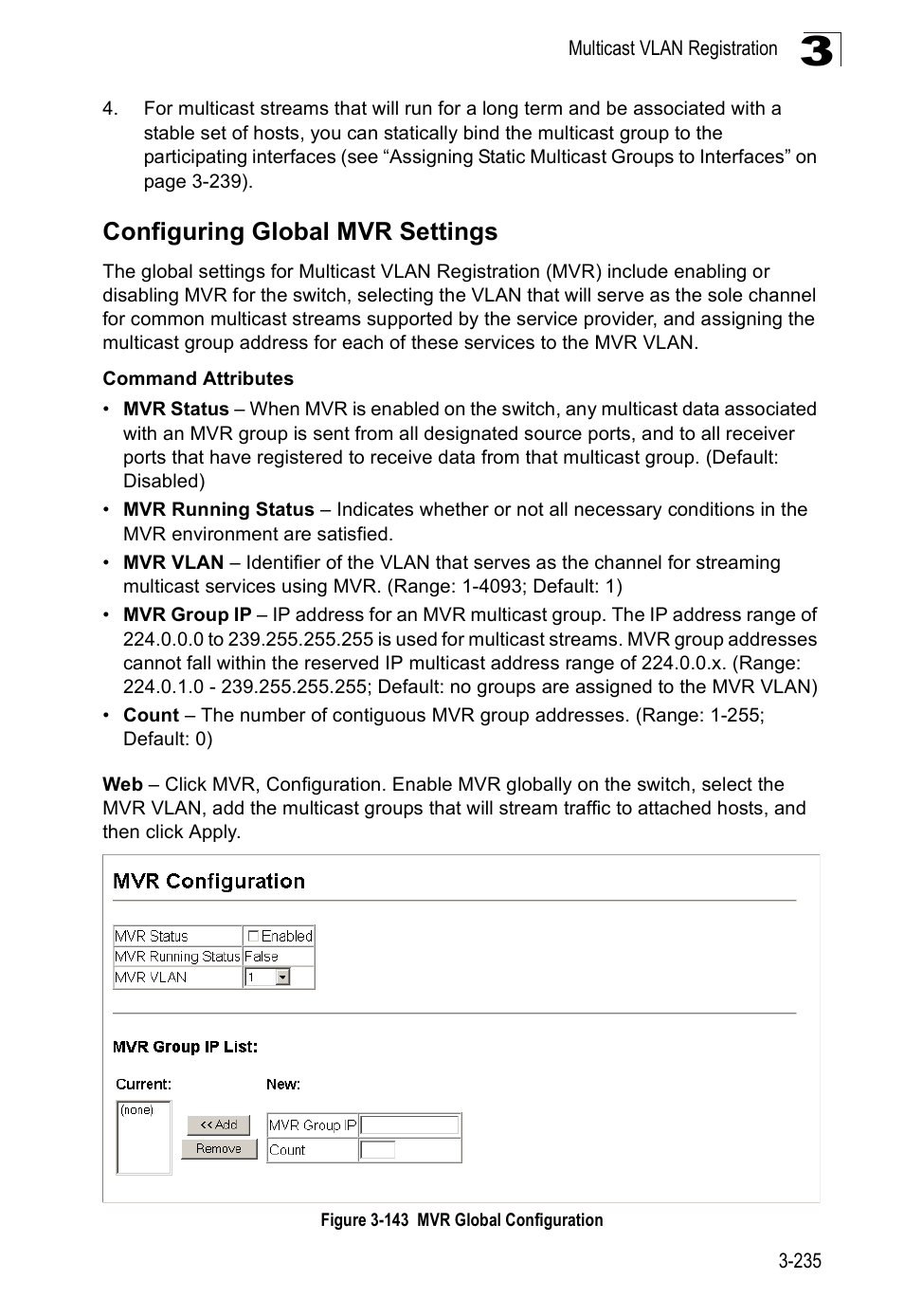 Configuring global mvr settings, Figure 3-143 mvr global configuration | SMC Networks SMC Tiger 10/100 SMC6128PL2 User Manual | Page 287 / 664