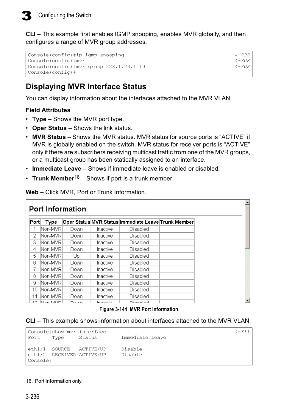 Displaying mvr interface status, Figure 3-144 mvr port information | SMC Networks SMC Tiger 10/100 SMC6128PL2 User Manual | Page 288 / 664