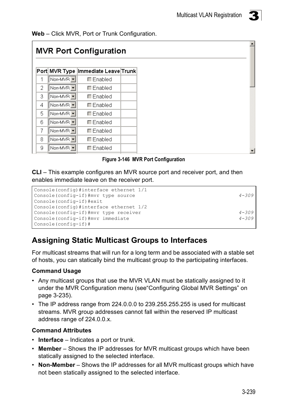 Assigning static multicast groups to interfaces, Figure 3-146 mvr port configuration | SMC Networks SMC Tiger 10/100 SMC6128PL2 User Manual | Page 291 / 664