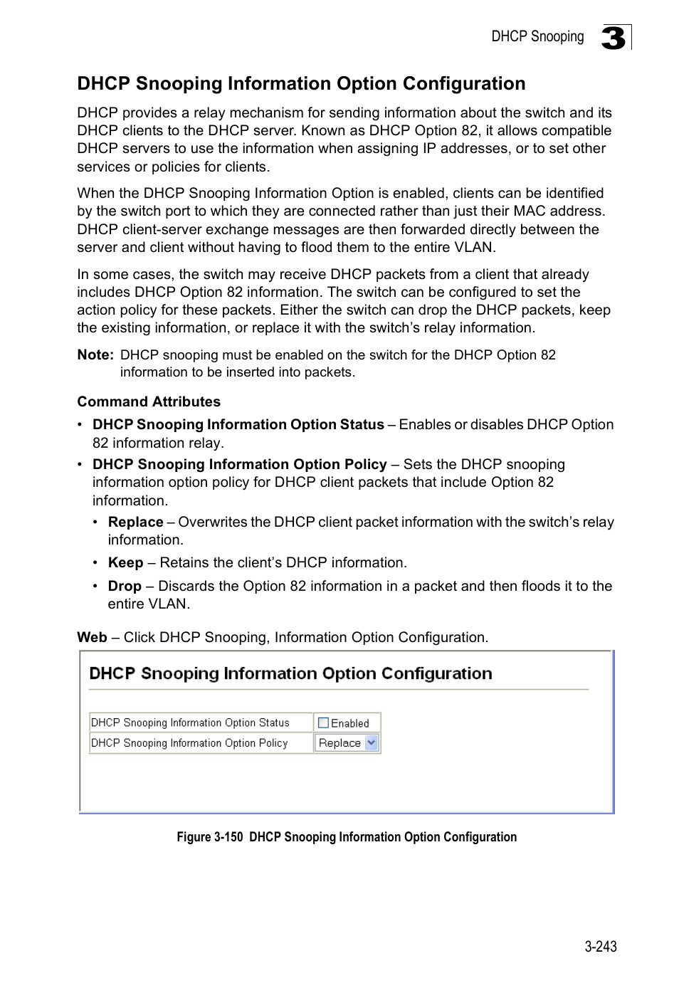 Dhcp snooping information option configuration | SMC Networks SMC Tiger 10/100 SMC6128PL2 User Manual | Page 295 / 664