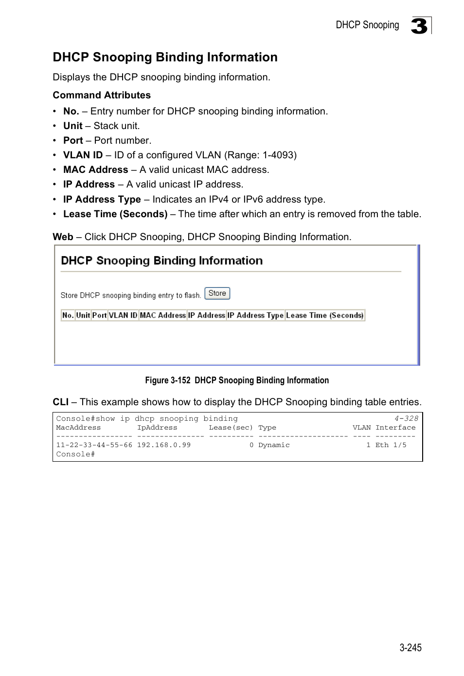 Dhcp snooping binding information, Figure 3-152 dhcp snooping binding information | SMC Networks SMC Tiger 10/100 SMC6128PL2 User Manual | Page 297 / 664