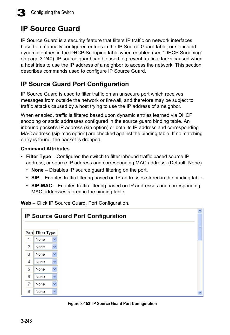Ip source guard, Ip source guard port configuration, Figure 3-153 ip source guard port configuration | SMC Networks SMC Tiger 10/100 SMC6128PL2 User Manual | Page 298 / 664