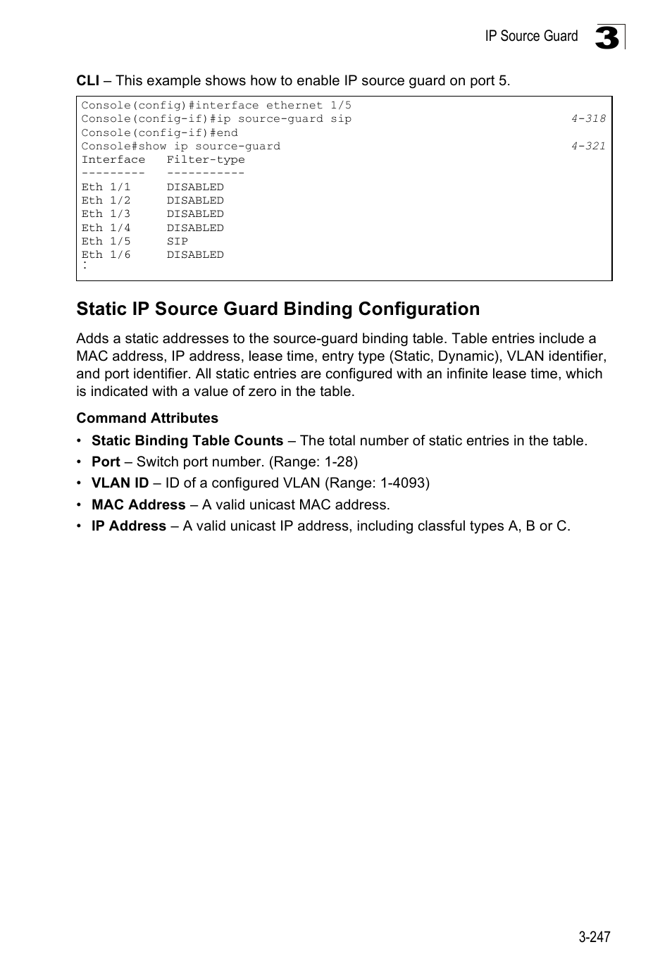 Static ip source guard binding configuration | SMC Networks SMC Tiger 10/100 SMC6128PL2 User Manual | Page 299 / 664