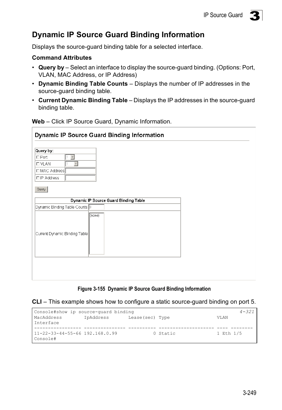 Dynamic ip source guard binding information | SMC Networks SMC Tiger 10/100 SMC6128PL2 User Manual | Page 301 / 664