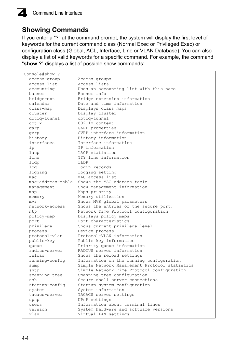 Showing commands | SMC Networks SMC Tiger 10/100 SMC6128PL2 User Manual | Page 312 / 664