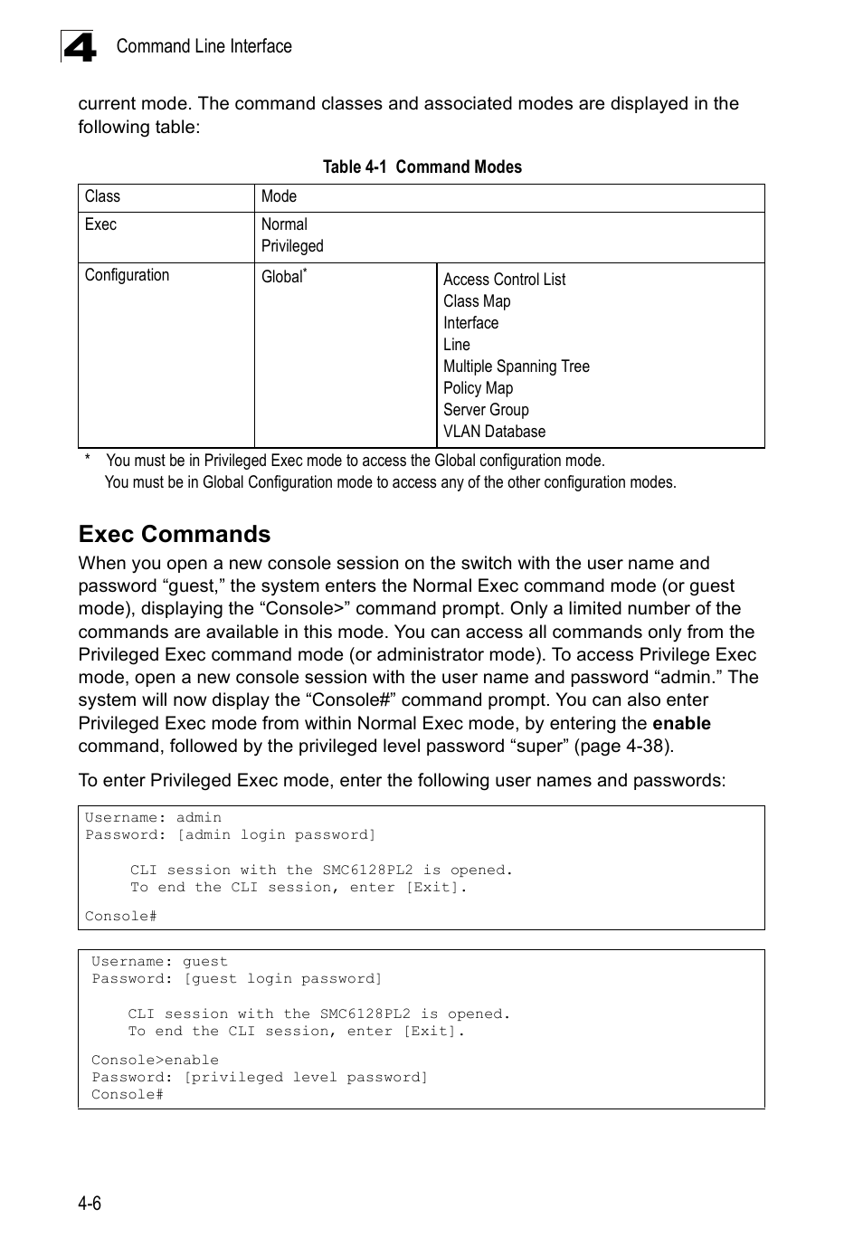 Exec commands, Table 4-1, Command modes | SMC Networks SMC Tiger 10/100 SMC6128PL2 User Manual | Page 314 / 664