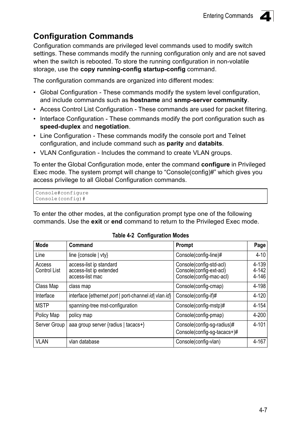 Configuration commands, Table 4-2, Configuration modes | SMC Networks SMC Tiger 10/100 SMC6128PL2 User Manual | Page 315 / 664
