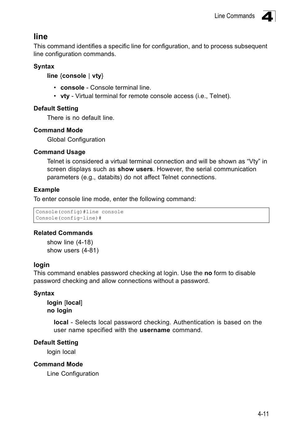 Line, Login, Line 4-11 login 4-11 | SMC Networks SMC Tiger 10/100 SMC6128PL2 User Manual | Page 319 / 664