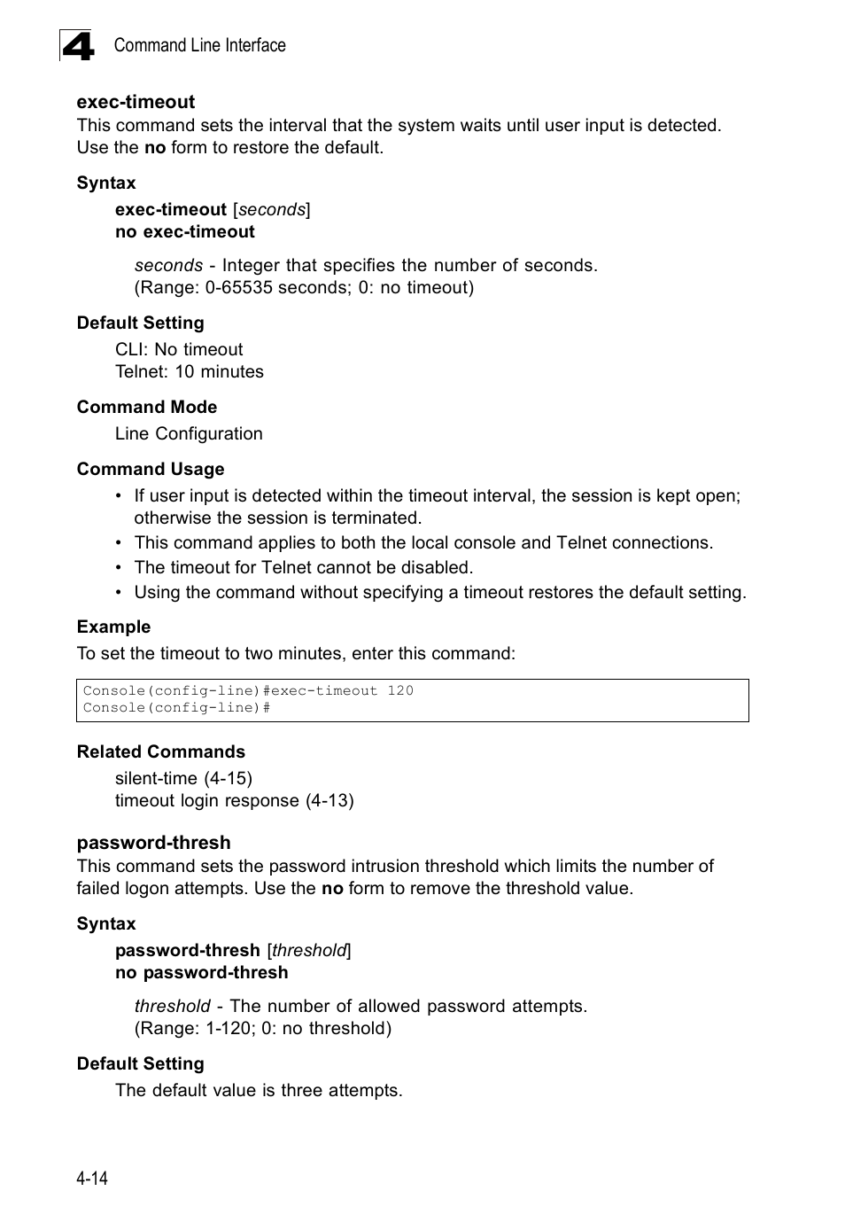 Exec-timeout, Password-thresh, Exec-timeout 4-14 password-thresh 4-14 | SMC Networks SMC Tiger 10/100 SMC6128PL2 User Manual | Page 322 / 664