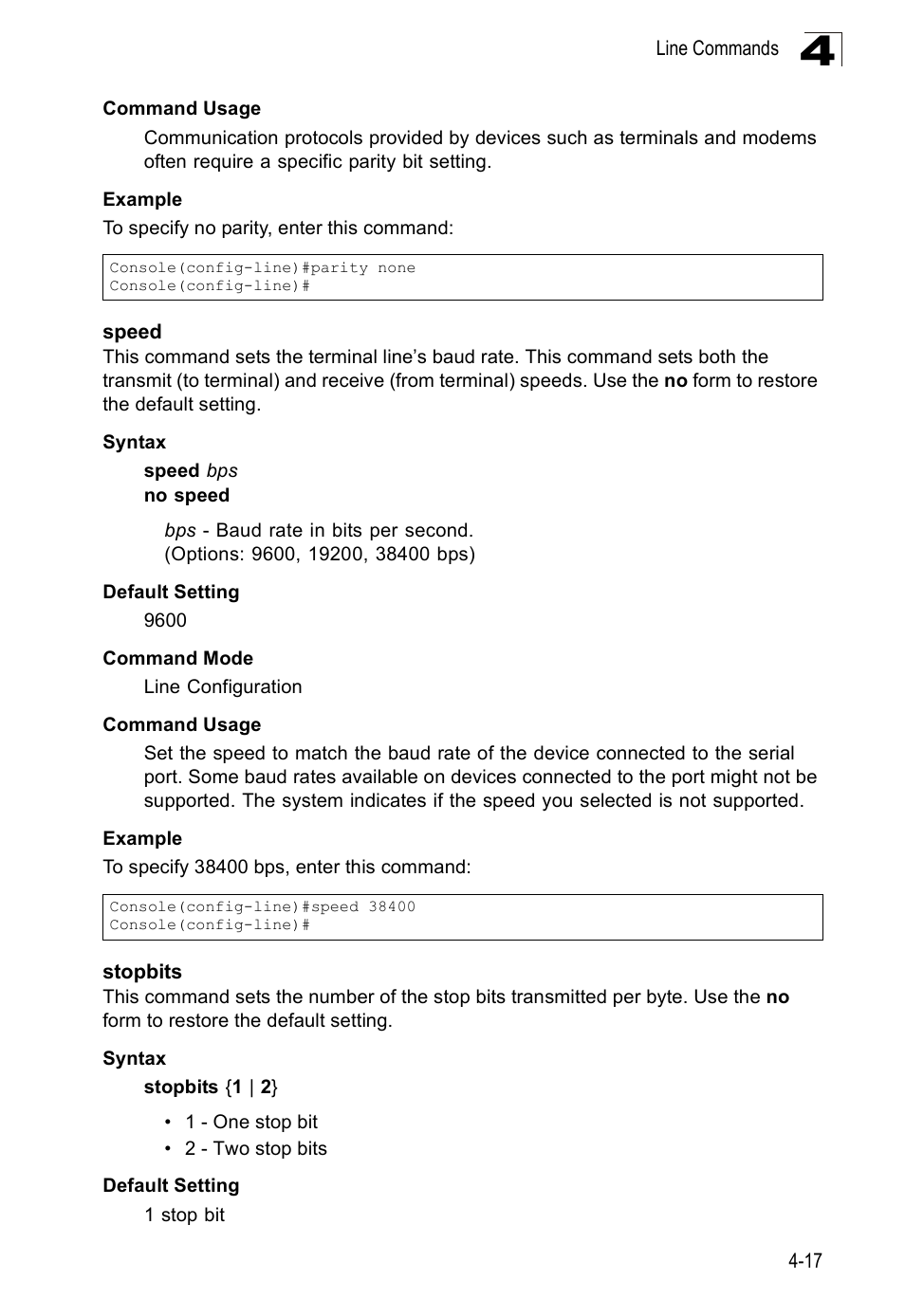 Speed, Stopbits, Speed 4-17 stopbits 4-17 | SMC Networks SMC Tiger 10/100 SMC6128PL2 User Manual | Page 325 / 664