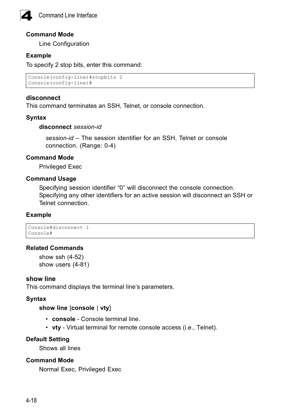 Disconnect, Show line, Disconnect 4-18 | SMC Networks SMC Tiger 10/100 SMC6128PL2 User Manual | Page 326 / 664