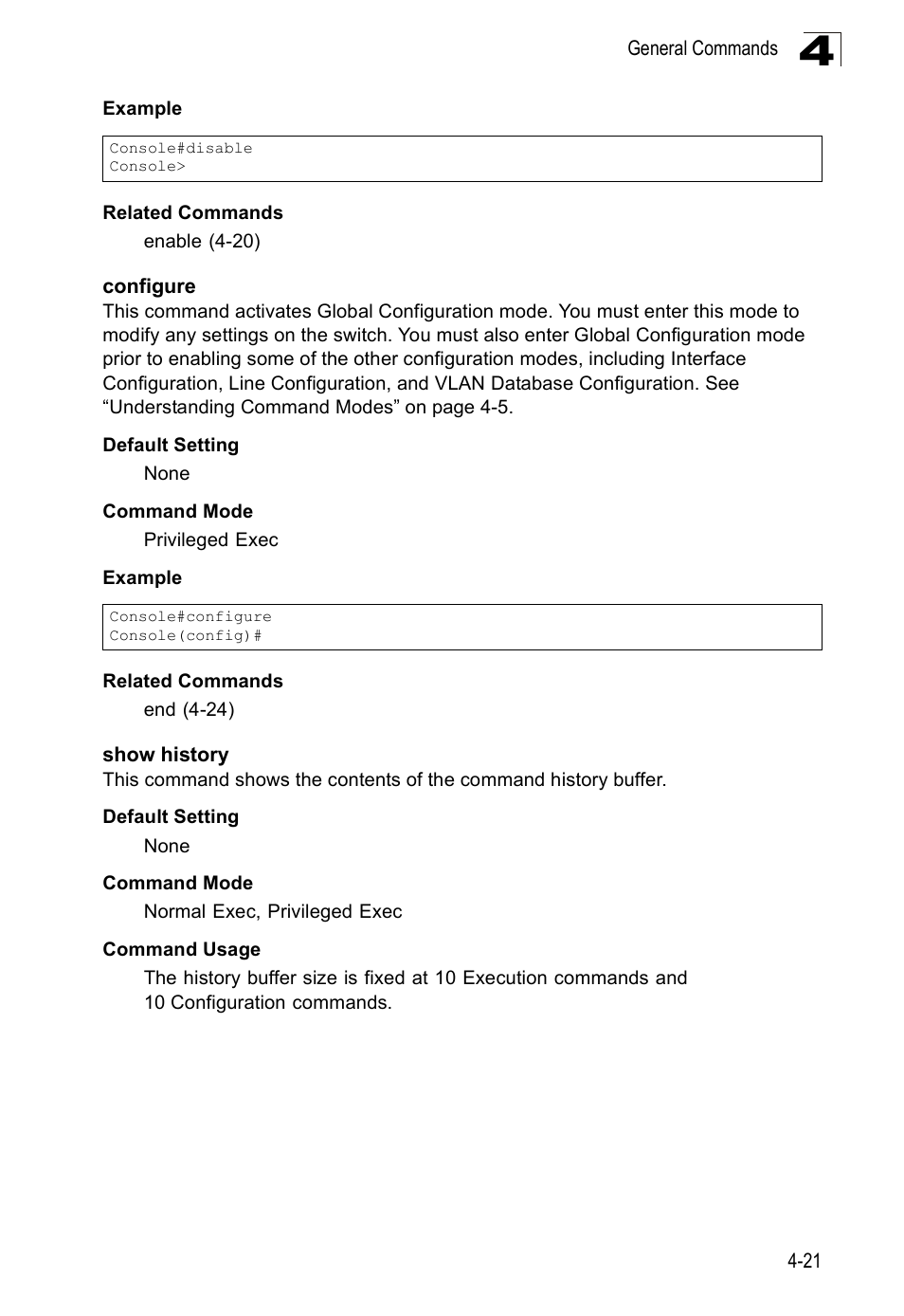 Configure, Show history, Configure 4-21 show history | SMC Networks SMC Tiger 10/100 SMC6128PL2 User Manual | Page 329 / 664