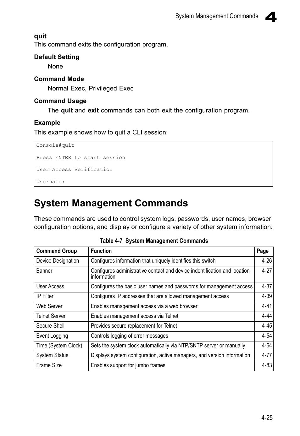 Quit, System management commands, Quit 4-25 | Table 4-7 | SMC Networks SMC Tiger 10/100 SMC6128PL2 User Manual | Page 333 / 664
