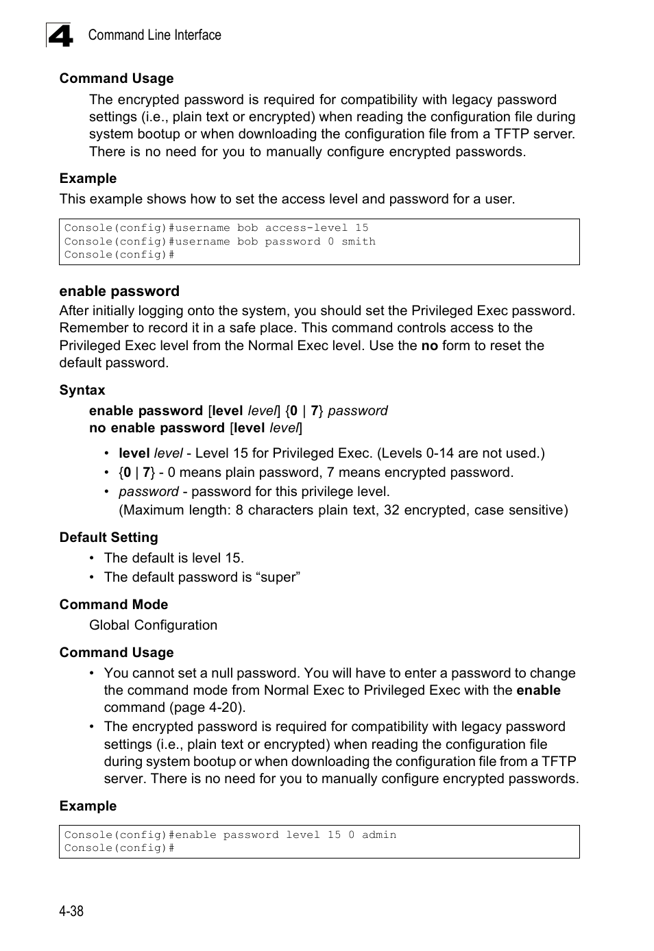 Enable password, E 4-38, Enable password (4-38) | SMC Networks SMC Tiger 10/100 SMC6128PL2 User Manual | Page 346 / 664