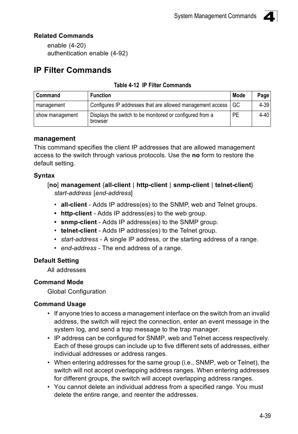Ip filter commands, Management 4-39, Table 4-12 | SMC Networks SMC Tiger 10/100 SMC6128PL2 User Manual | Page 347 / 664