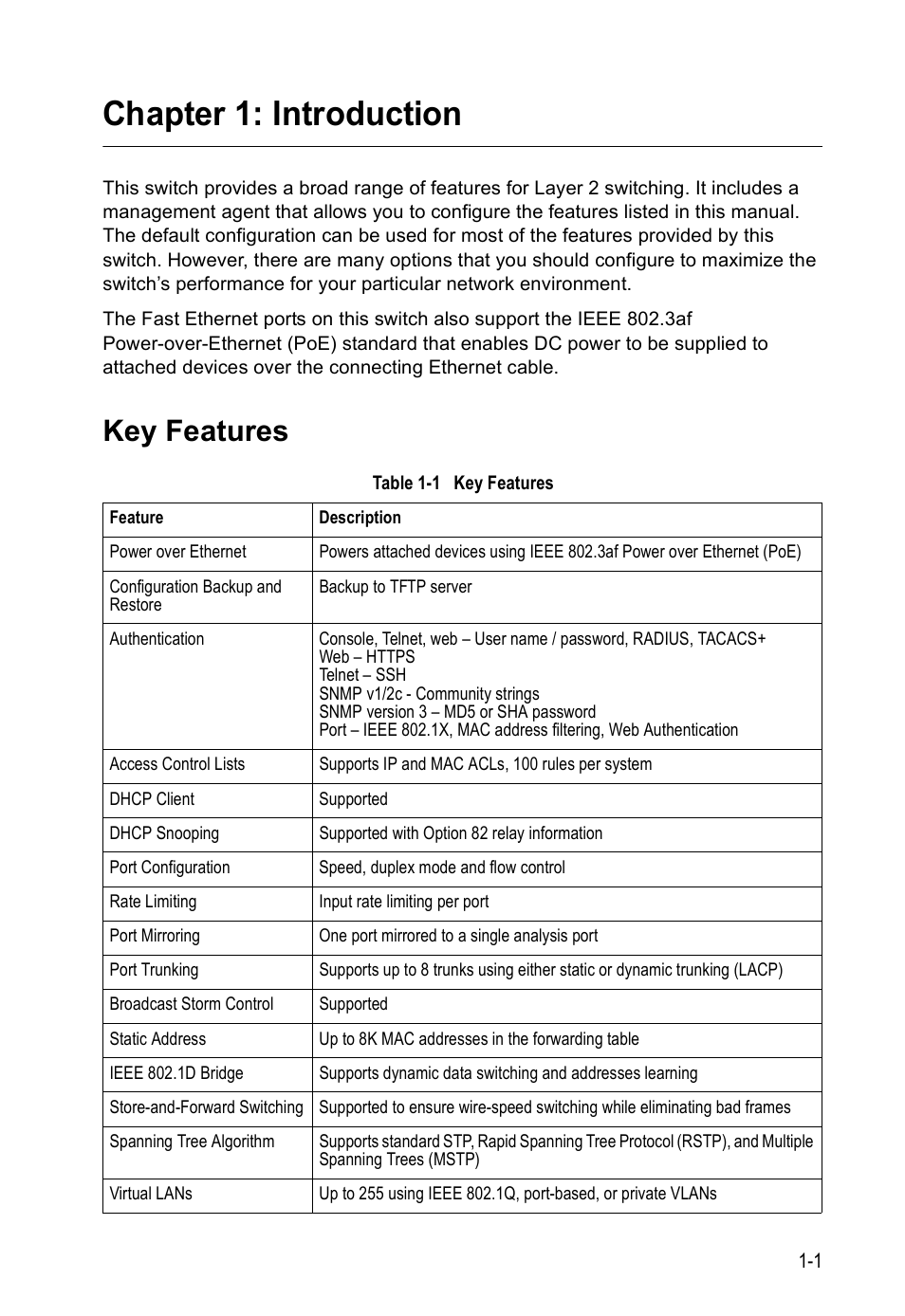 Chapter 1: introduction, Key features, Table 1-1 | SMC Networks SMC Tiger 10/100 SMC6128PL2 User Manual | Page 35 / 664