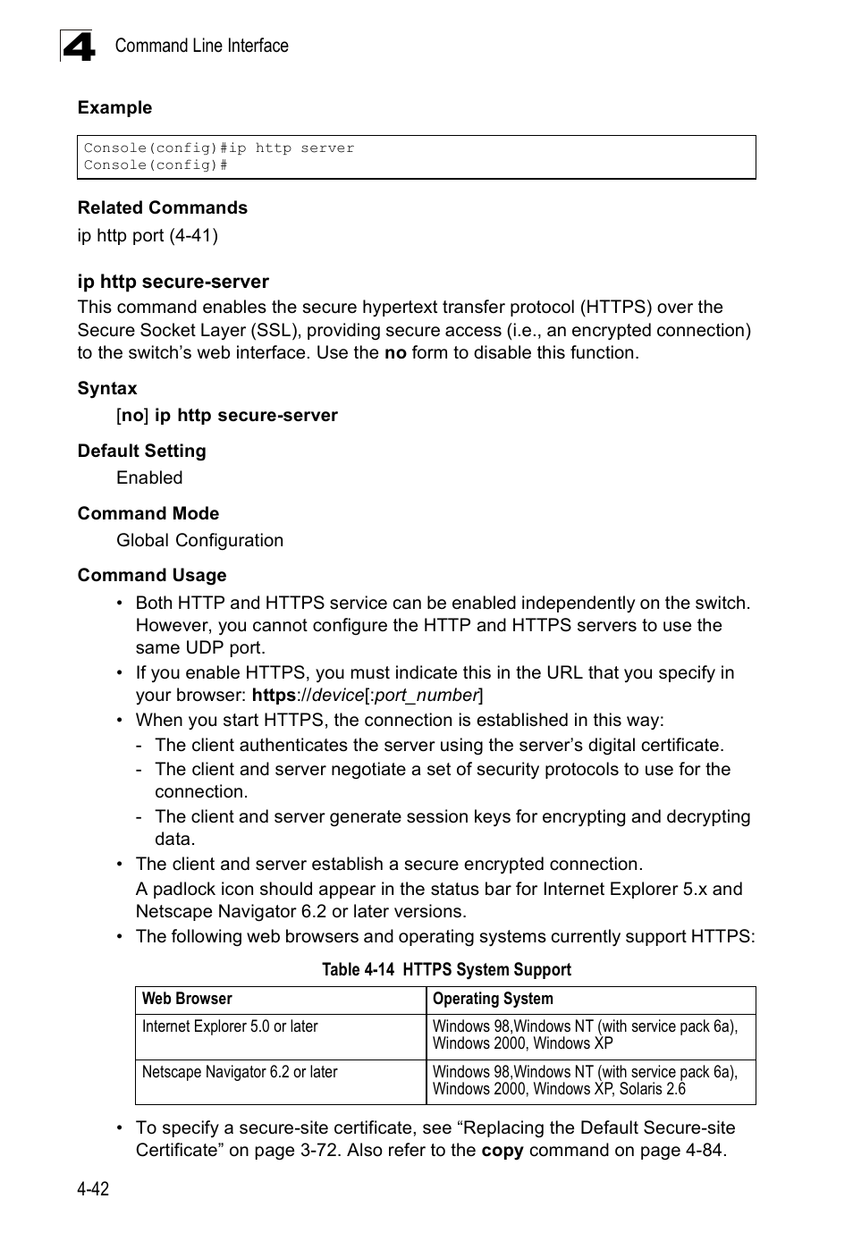 Ip http secure-server, Table 4-14, Https system support | SMC Networks SMC Tiger 10/100 SMC6128PL2 User Manual | Page 350 / 664