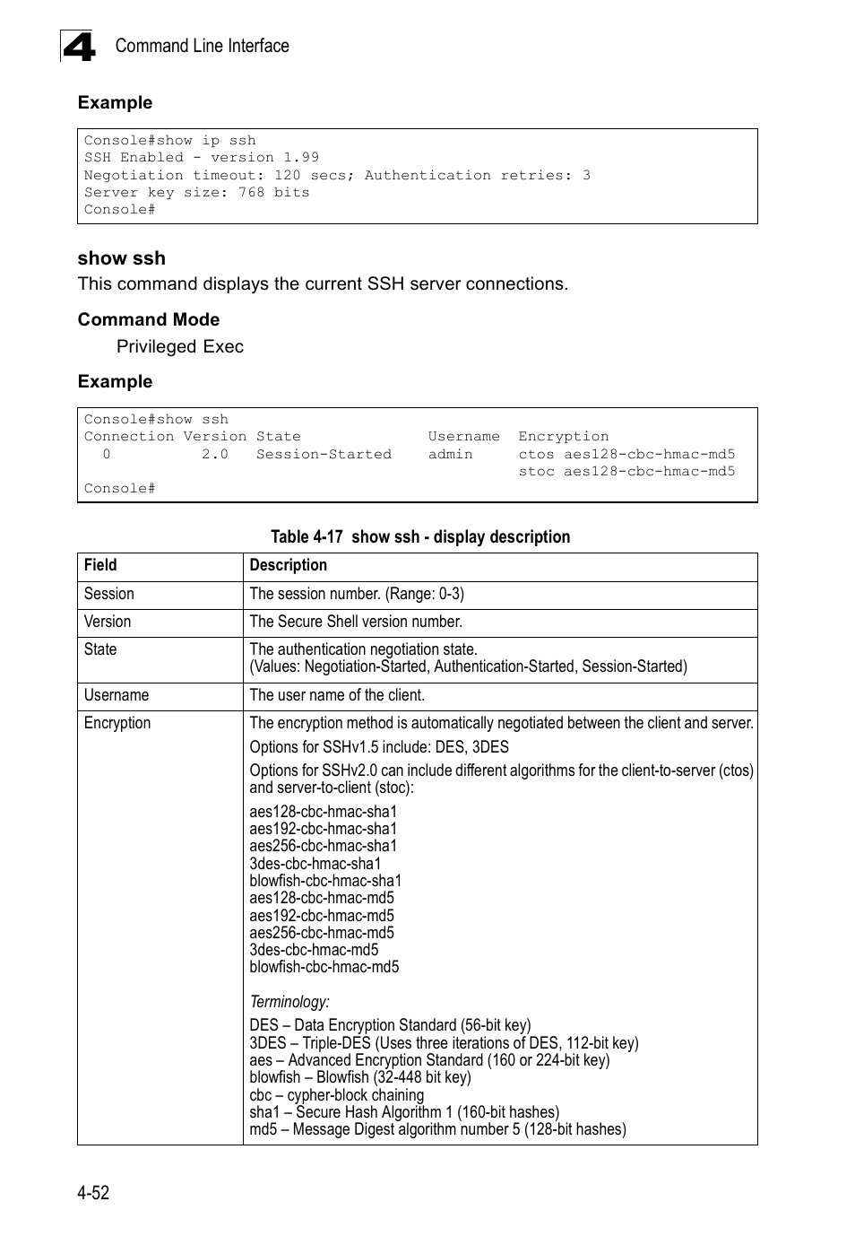 Show ssh, Table 4-17, Show ssh - display description | SMC Networks SMC Tiger 10/100 SMC6128PL2 User Manual | Page 360 / 664