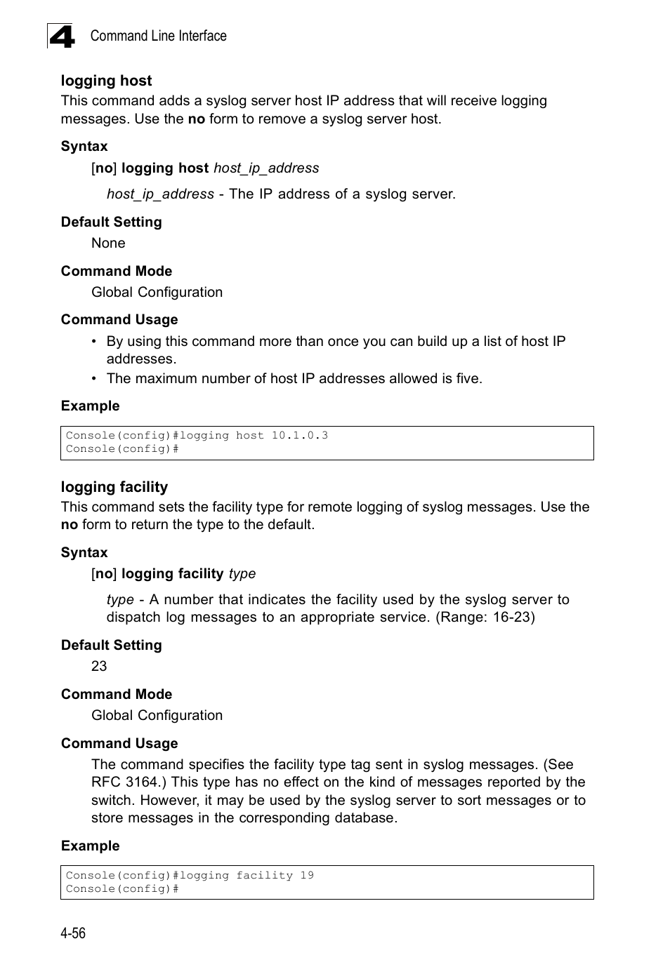 Logging host, Logging facility | SMC Networks SMC Tiger 10/100 SMC6128PL2 User Manual | Page 364 / 664