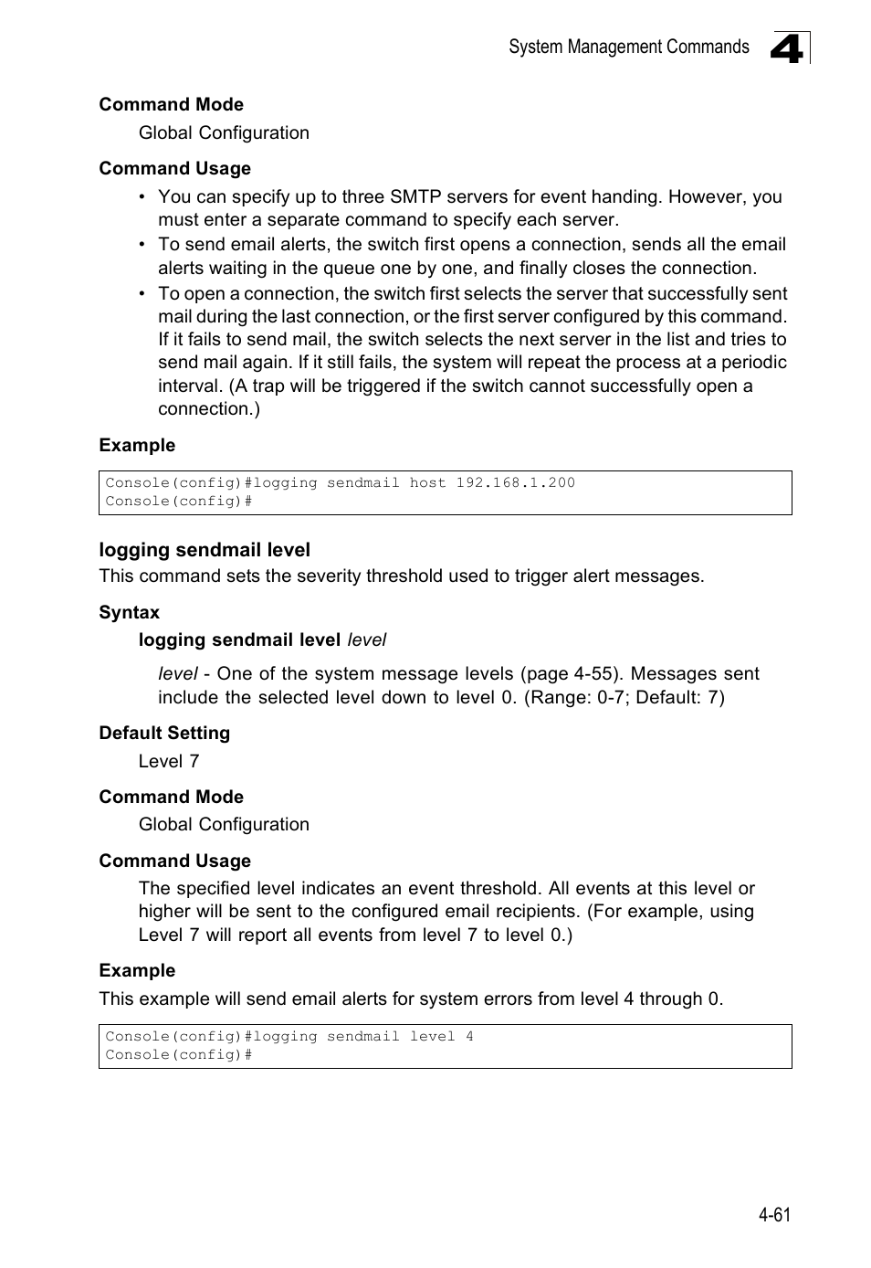 Logging sendmail level | SMC Networks SMC Tiger 10/100 SMC6128PL2 User Manual | Page 369 / 664