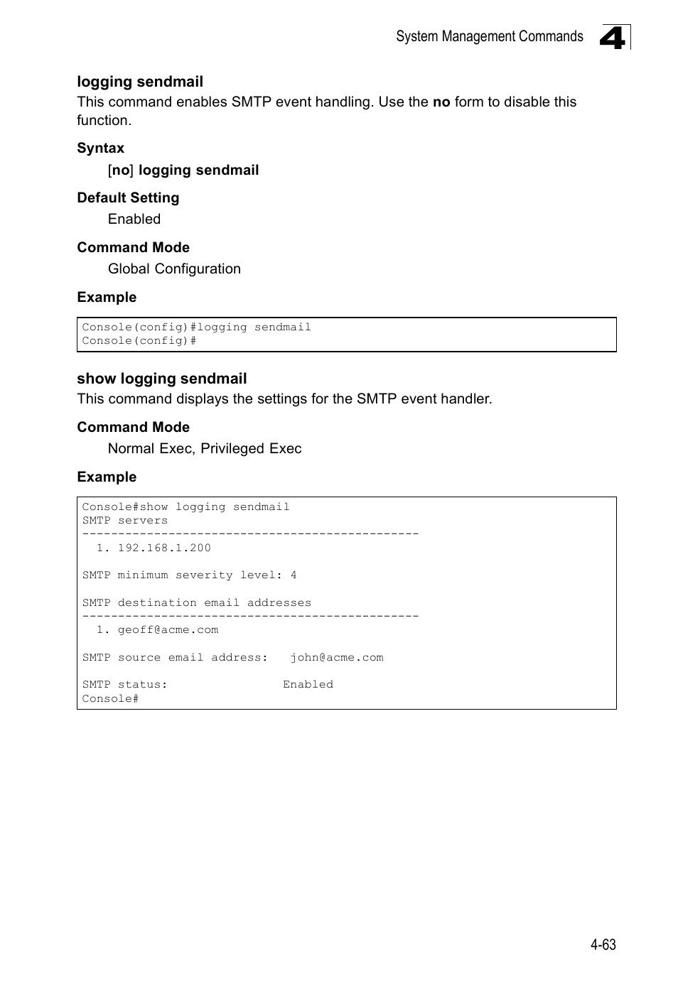 Logging sendmail, Show logging sendmail | SMC Networks SMC Tiger 10/100 SMC6128PL2 User Manual | Page 371 / 664