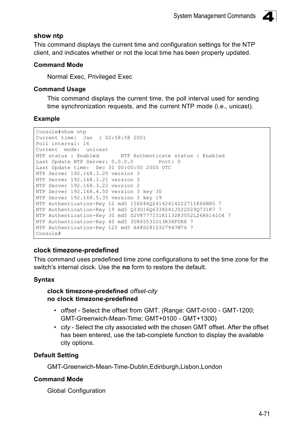 Show ntp, Clock timezone-predefined | SMC Networks SMC Tiger 10/100 SMC6128PL2 User Manual | Page 379 / 664
