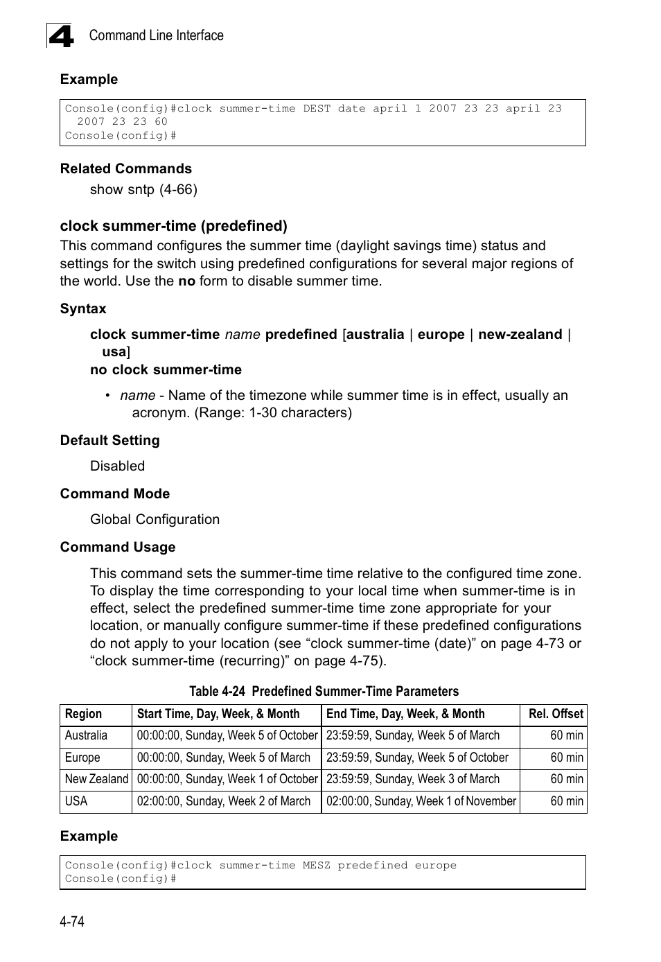 Clock summer-time (predefined), Table 4-24, Predefined summer-time parameters | SMC Networks SMC Tiger 10/100 SMC6128PL2 User Manual | Page 382 / 664