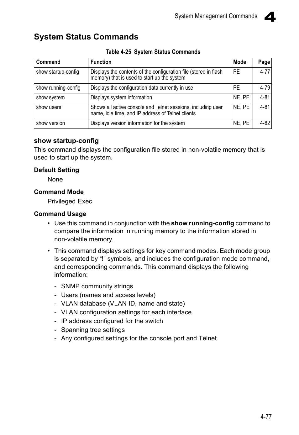 System status commands, Show startup-config, Table 4-25 | SMC Networks SMC Tiger 10/100 SMC6128PL2 User Manual | Page 385 / 664