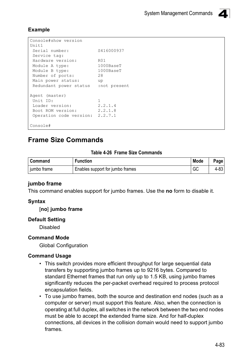 Frame size commands, Jumbo frame, Table 4-26 | SMC Networks SMC Tiger 10/100 SMC6128PL2 User Manual | Page 391 / 664