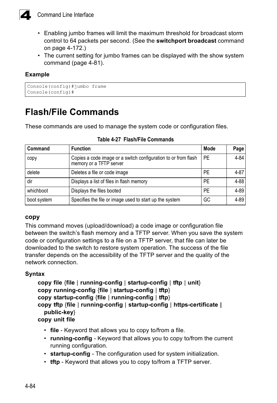 Flash/file commands, Copy, Copy 4-84 | Table 4-27 | SMC Networks SMC Tiger 10/100 SMC6128PL2 User Manual | Page 392 / 664