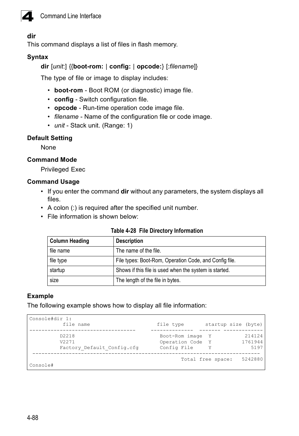 Dir 4-88, Table 4-28, File directory information | SMC Networks SMC Tiger 10/100 SMC6128PL2 User Manual | Page 396 / 664