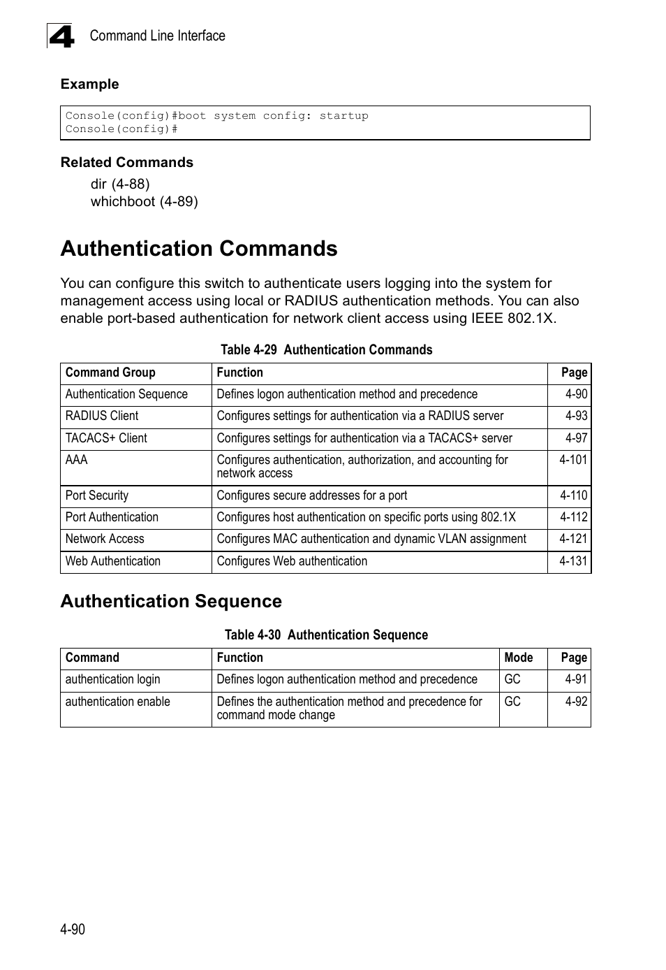 Authentication commands, Authentication sequence, Table 4-29 | Table 4-30 | SMC Networks SMC Tiger 10/100 SMC6128PL2 User Manual | Page 398 / 664